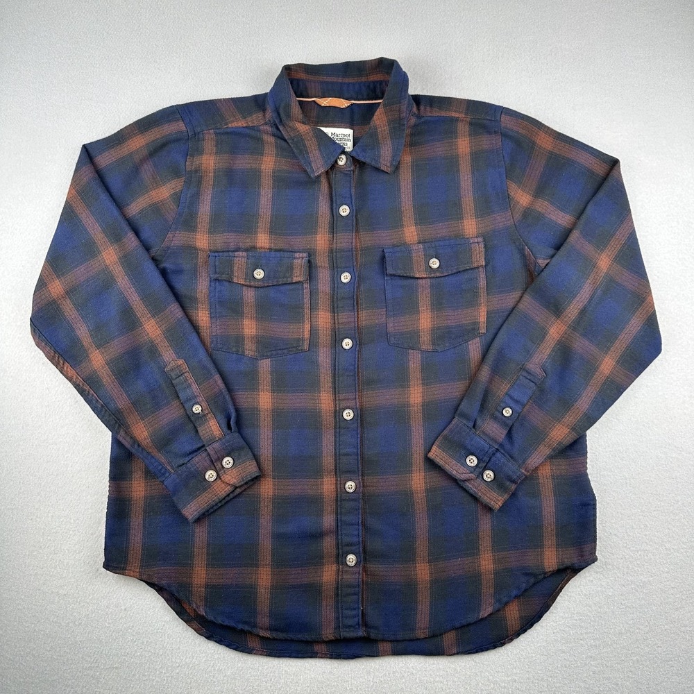 Marmot Mountain Works Shirt Men Large Blue Orange Plaid Flannel Long Sleeve